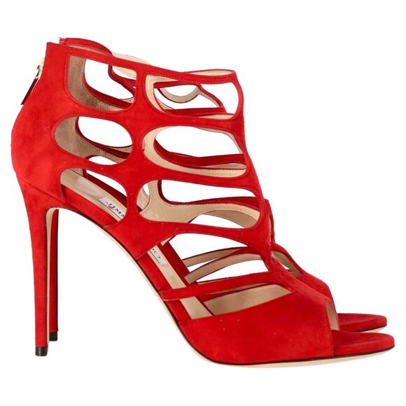 Jimmy Choo Ren 100 Caged Sandals in Red Suede - Picture 1 of 12